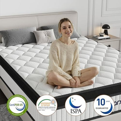 Queen Size Mattress, 14 Inch Hybrid Medium Firm Feel, Individually Wrapped Coils for Motion Isolation & Cool Memory Foam, White, CertiPUR-US Certified (14 Queen)