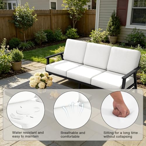 Pia Ricoo Outdoor Premium Teak Wood Couch with Armrests & Table, All‑Weather Outdoor Furniture for Backyard, Deck, Lawn, Beige/Dark