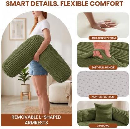 Convertible Sofa Bed, 63" Boneless Couch with Removable L-Shaped Armrests, Corduroy Futon Sleeper Sofa, Tri-Fold Floor Folding Bed for Small Space Bedroom Game Room Apartment Dorm, 2 Pillows