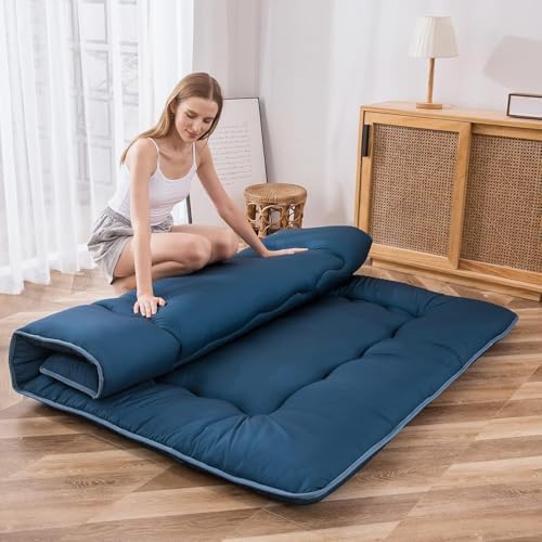MAXYOYO Japanese Thicken Sleeping Pad, Roll Up Mattress, Floor Lounger, Guest Room Mattress Pad - Thick, Soft and Comfortable, Bluestone, Queen Size