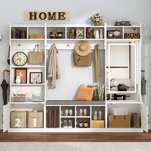 86.6''W Extra Large Farmhouse Hall Tree with Mirror Bench and Shoe Storage,Entryway Bench with Coat Rack,6 Shoe Cubbies & Umbrella Holder and Storage Cushioned Stool,Mudroom/Hallway Storages Cabinet
