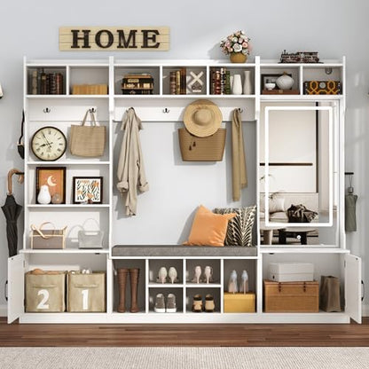 86.6''W Extra Large Farmhouse Hall Tree with Mirror Bench and Shoe Storage,Entryway Bench with Coat Rack,6 Shoe Cubbies & Umbrella Holder and Storage Cushioned Stool,Mudroom/Hallway Storages Cabinet