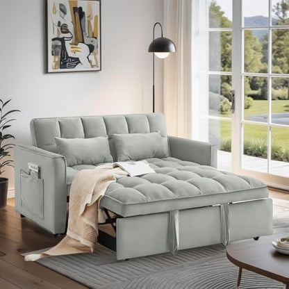 Convertible Sleeper Sofa Bed, Loveseat Sleeper Sofa with Large Side Pockets, Pull Out Sofa Bed with 3 Position Adjustable Backrest, 3 in 1 Velvet Couch Bed for Small Spaces, Apartment, Gray