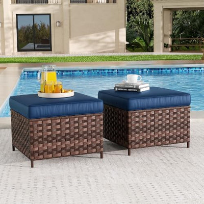 Outdoor Ottoman Set of 2, Patio Large Ottoman Foot Rest with Thickened Cushions, Outdoor Wicker Foot Stool for Porch, Deck Use, Blue