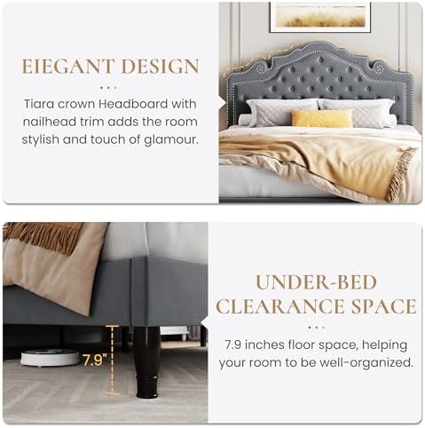 SHA CERLIN Full Size Bed Frame with Adjustable Headboard/Velvet Upholstered/Diamond Button Tufted and Metal Studs/No Box Spring Needed/Wooden Slat Support/Easy Assembly/Light Grey