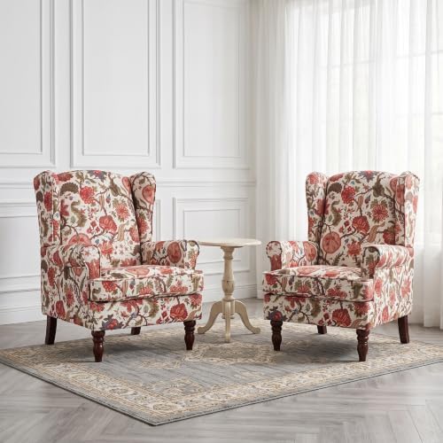 Mid Century Wingback Accent Chairs Set of 2 Floral Red