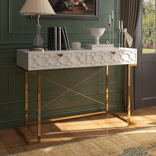 Clihome Console Table with 2 Drawers, 42'' Entryway Table with Storage, Desktop Sofa Table Hallway with Golden Legs and X-Shaped Bracket