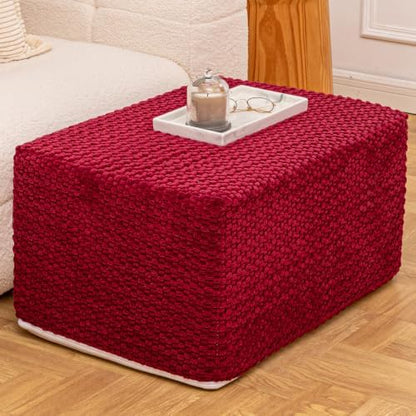 Round Pouf Ottoman Boho Poof Home Decor Floor Pouffe Ottoman Foot Rest for Couch Sofa Bean Bag Chairs Living Room Bedroom (Burgundy, 22x18x14 Inches, Rectangular)