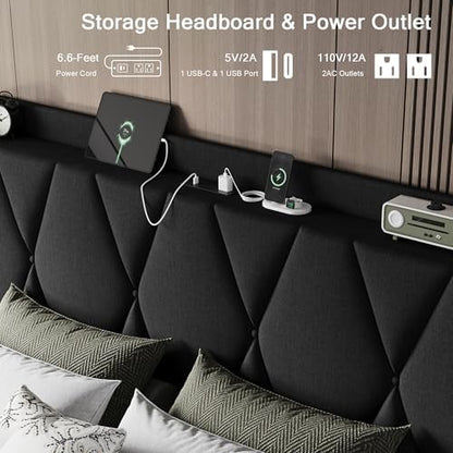 Einhomn Full Size Bed Frame with 4 Storage Drawers and Charging Station, Upholstered Platform Bed Frame with Storage Headboard, No Box Spring Needed, Easy Assembly, Black