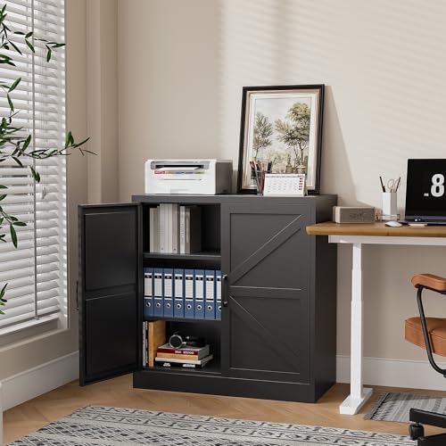 36" Metal Storage Cabinet, Farmhouse Kitchen Pantry Cabinet with Doors and Adjustable Shelves, Sideboard Buffet Cabinet,Short Storage Cabinets for Dining/Bathroom/Living/Room,Entryway, Black