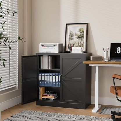 36" Metal Storage Cabinet, Farmhouse Kitchen Pantry Cabinet with Doors and Adjustable Shelves, Sideboard Buffet Cabinet,Short Storage Cabinets for Dining/Bathroom/Living/Room,Entryway, Black