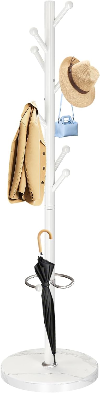 OIRUMIE Coat Rack with Natural Marble Base, Metal Coat Racks Freestanding, Modern Coat Rack Stand with 8 Hooks& Umbrella Holder, White Coat Clothes Tree Hats Hanger Stand for Entryway, Hallway