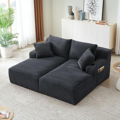 Eafurn Oversized Double Chaise Lounge Indoor with Cup Holders & Side Pocket, 71" Plush Corduroy Boneless Chaise Lounge Sofa with High Density Sponge & Deep High Seat Comfy Sleeper Couch Bed