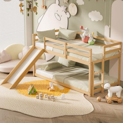 Low Bunk Bed with Slide, Floor Loft Bed with Climbing Ladder, Wood Twin Bunk Bed Frame with Full Guardrails & Storage Space for Kids Toddler