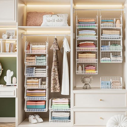 6 Tier Extra Large Hanging Closet Organizer, Closet Storage Hanging with Dividers, Wire Closet Shelf with 5 S Hooks 4 Dividers,Sweater Handbag Hat Accessory Storage Hanger,White