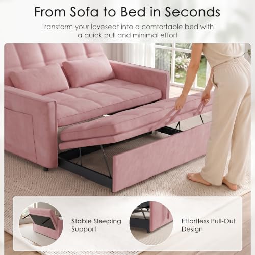 54'' Sleeper Sofa Bed, Convertible Pull Out Couch with Adjustable Backrest, Side Pockets & 2 Lumbar Pillows, Velvet Fabric Loveseat for Living Room, Apartment & Small Spaces (Pink)