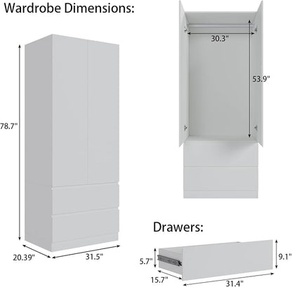 Bobve 78.74'' Armoire Wardrobe Closet with 2 Doors and 2 Drawers, Bedroom Armoire with Hanging Rod, Freestanding Wooden Closet Storage Cabinet, White