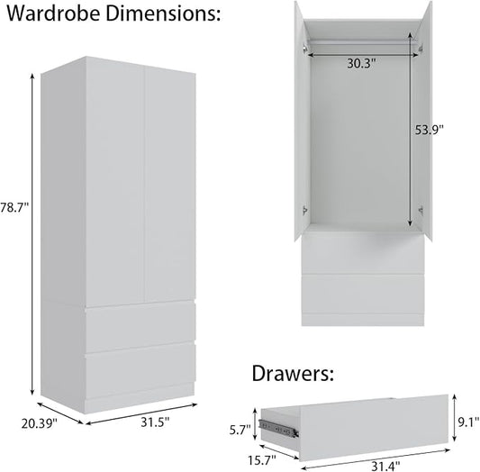 Bobve 78.74'' Armoire Wardrobe Closet with 2 Doors and 2 Drawers, Bedroom Armoire with Hanging Rod, Freestanding Wooden Closet Storage Cabinet, White