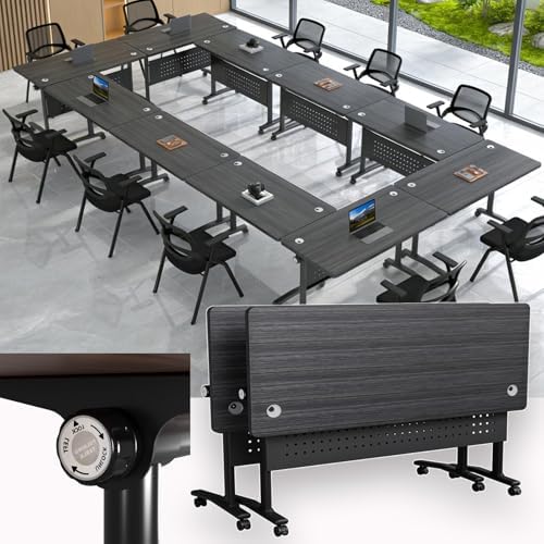 Folding Conference Room Tables with Wheels, Modular Conference Table Foldable Mobile Office Training Tables, Seminar Rolling Flip Top Nesting Meeting Table Space-saving for Classroom, Black 2Pack