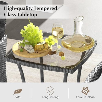 Tangkula 3-Piece Patio Furniture Set, PE Wicker Conversation Bistro Set w/A Tempered Glass Table & 2 Cushioned Chairs, Outdoor Table & Chairs Set for Patio Porch Yard Garden (Mix Gray+Off White)