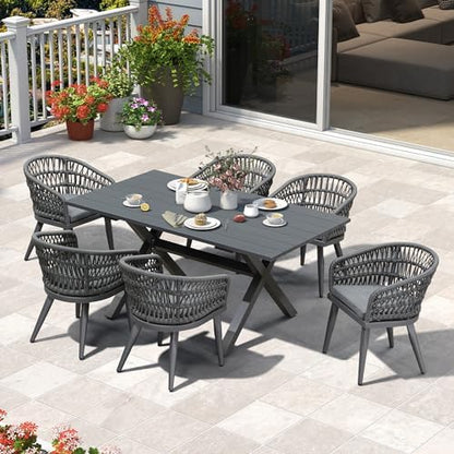 PURPLE LEAF Outdoor Table and Chairs for 6 Rattan Aluminum Long Table Grey
