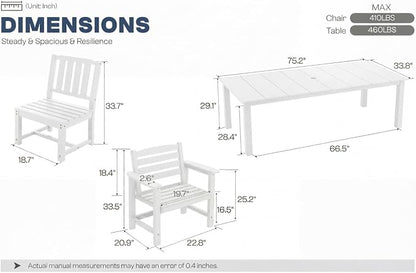 Perli™ 7-Piece Outdoor Dining Set, All-Weather HDPE Patio Table and 6 Chairs with Umbrella Hole, UV-Resistant Composite Wood Dining Furniture for Deck, Backyard, Poolside, White