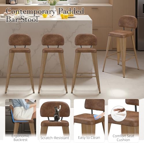 26 Inch Metal Bar stools Set of 4, Upholstered Counter Height Bar Stools with Removable Back & Metal Legs, Industrial Barstools for Kitchen Island, Cafe (Camel Seat, Wood-Grain Legs)