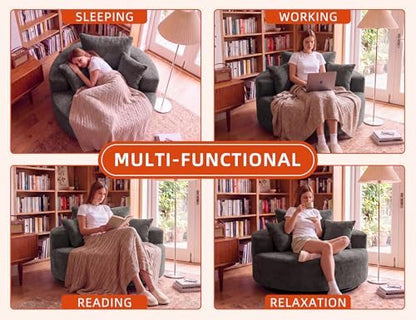 55" Oversized Round Swivel Chair, 360° Rotating Chenille Cotton Blend Chair, High-Density Foam Cushion, Comfy Modern Accent Chair for Living Room, Bedroom, Reading Nook, Apartment & Office