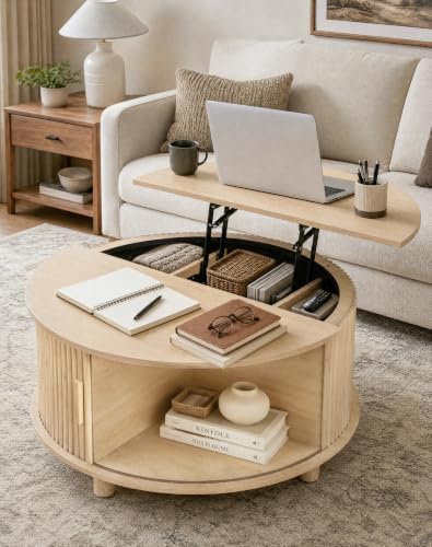 Round Lift Top Coffee Table with Storage for Living Room, Oak
