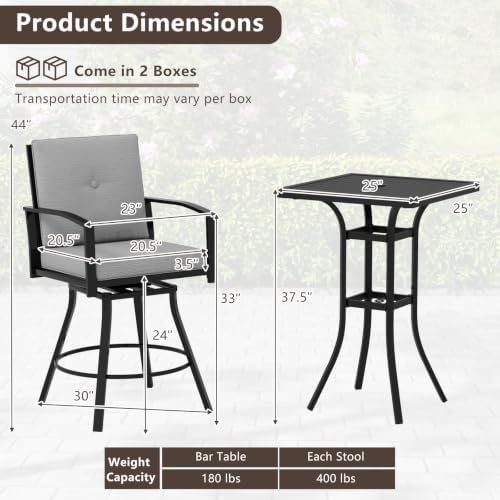 Tangkula 3 Pieces Patio Swivel Bar Set, Outdoor Metal Bar Table and Chairs Set with Soft Cushions and 1.57” Umbrella Hole, Counter Height Patio Bistro Set with Armrests for Lawn, Garden (Gray)