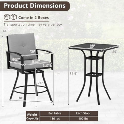 Tangkula 3 Pieces Patio Swivel Bar Set, Outdoor Metal Bar Table and Chairs Set with Soft Cushions and 1.57” Umbrella Hole, Counter Height Patio Bistro Set with Armrests for Lawn, Garden (Gray)
