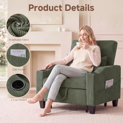 3 in 1 Convertible Sleeper Chair, Corduroy Single Sleeper Sofa Bed, Pull Out Sofa Bed Chair with Adjustable Backrest & Side Pockets for Living Room, Oliver Green
