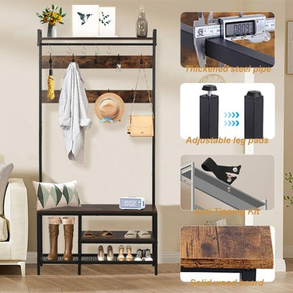 5-in-1 Coat Rack freestanding for Entryway, 71’’ Wooden Hall Tree Bench with Shoes Storage, Industrial Entrance Organizer with 14 Hooks for Hallway Living Room and Bedroom (Brown)