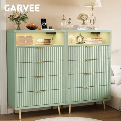 28"W 4 Drawers Dresser for Bedroom with LED and Charging Station, Green