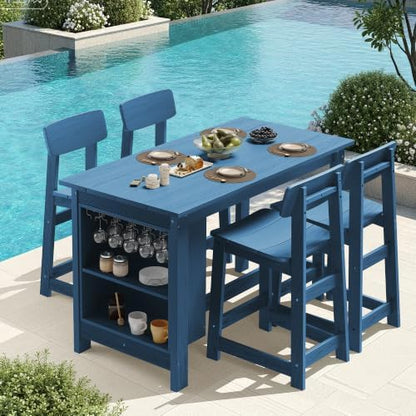 SERWALL 5-Piece Outdoor HDPE Counter-Height Bar Set with 4 Stools, Blue