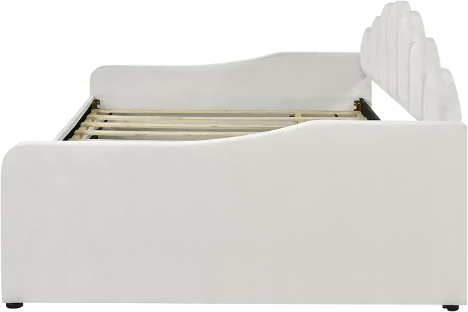 Ball & Cast Full Size Daybed with Trundle,Velvet Upholstered Day Bed Frame Full with Shall Shaped Backrest and Wood Slat Support,No Box Spring Needed,White