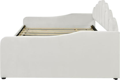 Ball & Cast Full Size Daybed with Trundle,Velvet Upholstered Day Bed Frame Full with Shall Shaped Backrest and Wood Slat Support,No Box Spring Needed,White