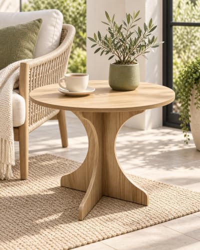 24In Walnut Round Side Table, Modern Minimalist Accent End Table with Curved Tripod Base, Compact Large Round Sofa Side Table, Easy Assembly Coffee Table for Living Room Bedroom Balcony