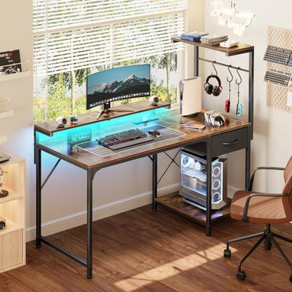 PRAISUN 47.2 Inch Gaming Desk with LED Lights & Power Outlets