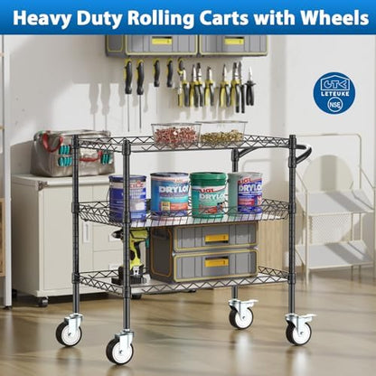 3 Tier Rolling Carts with Wheels, Heavy Duty Rolling Utility Cart