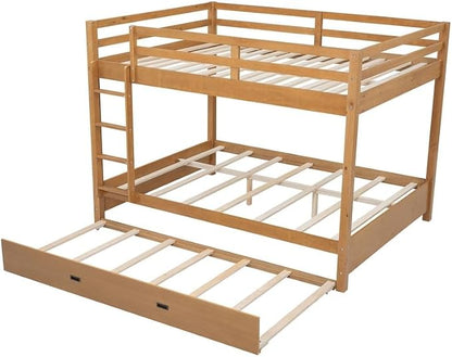 Merax Queen Size Bed with Trundle - Space-Saving Solid Wood Frame, Built-in Safety Rails and Ladderm, Wood