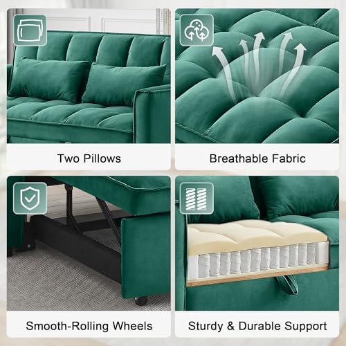 53" Sofa Bed, Velvet 3-in-1 Pull Out Couch & Loveseat Sleeper Sofa, Compact Convertible Folding Couch with Adjustable Backrest for Small Spaces (Green)