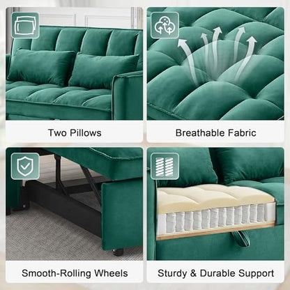 53" Sofa Bed, Velvet 3-in-1 Pull Out Couch & Loveseat Sleeper Sofa, Compact Convertible Folding Couch with Adjustable Backrest for Small Spaces (Green)