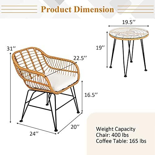 Tangkula 3 Pieces Patio Bistro Set, Rattan Conversation Set with 2 Cushioned Armchairs & Round Glass Coffee Table, Indoor Outdoor Wicker Furniture Set for Balcony, Backyard, Garden, Poolside