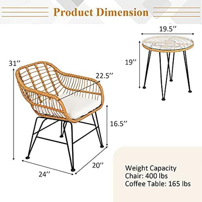 Tangkula 3 Pieces Patio Bistro Set, Rattan Conversation Set with 2 Cushioned Armchairs & Round Glass Coffee Table, Indoor Outdoor Wicker Furniture Set for Balcony, Backyard, Garden, Poolside
