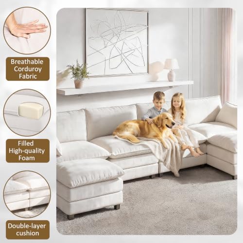 LEVELEVE 146" U-Shape Modular Sofa with 2 Ottomans, Deep Seat Cloud Convertible Sleeper, 2 Arm Pillows, Comfortable Large Upholstered Furniture for Living Room Apartment, Beige