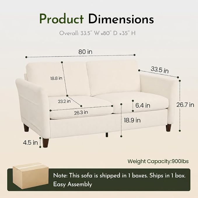 Valthie 80" Corduroy Loveseat Sofa, Modern Comfy Couches with Side Pocket, Living Room Couch, Couch for Bedroom and Small Spaces,2-Seater Sofa Beige
