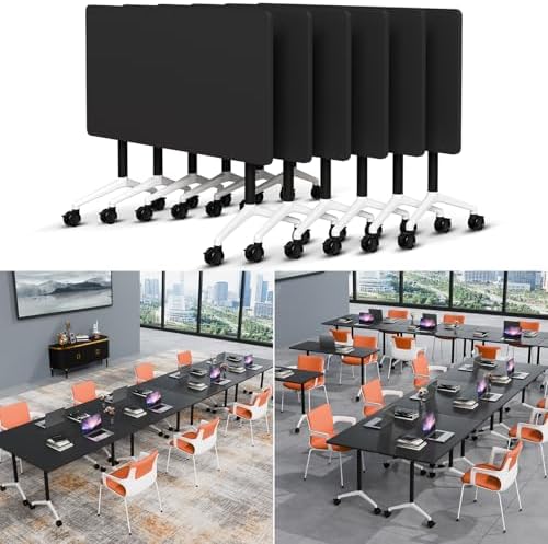 Folding Conference Table Modern Large Mobile Meeting Table Rolling Conference Room Tables with Wheels Seminar Tables for Office Training Classroom (6, Black, 47.2" D X 23.6" W X 29.5" H)