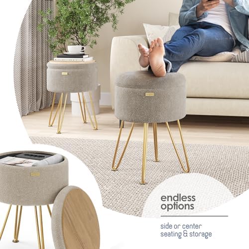 Round Ottoman with Storage, Boucle Storage Ottoman, Foot Stool Ottomans, Makeup Vanity Stool, Small Ottomans Foot Rest, Modern Vanity Stools for Living Room and Bedroom, Beige