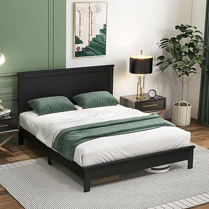 GIANTEX Wood Queen Platform Bed Frame with Headboard, Mid Century Bed Frame with Solid Wood Legs & Wooden Slat Support, Pallet Bed Mattress Foundation, No Box Spring Needed, Black